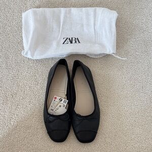 Zara Black Square-Toe Ballet Flats with Bow Accent